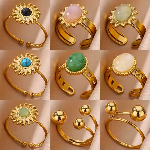 Bague Vintage Opale Verte Ovale Ajustable en Acier Inoxydable Doré - Bijou Esthétique Imperméable