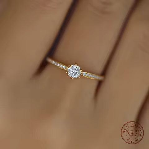 Bague Argent Sterling 925 Plaqué Or 14K Zircon Femme - Bijou Mariage Élégant