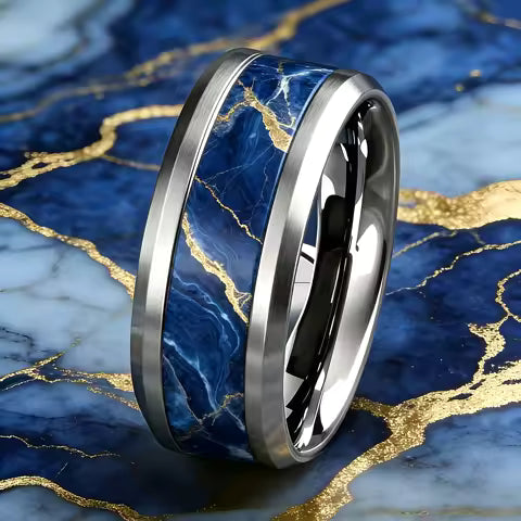 Bague Luxe Marbre Bleu Royal Doré Acier Inoxydable - Bijou Mariage & Cadeau Saint Valentin Femme Homme