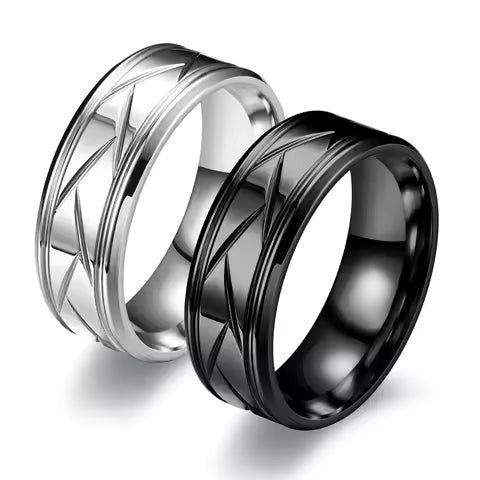 Bague Acier Inoxydable Noir Argenté - Design Rainuré Polyvalent pour Homme & Femme