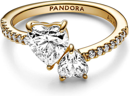 Sparkle in Style with the Pandora Double Heart Shimmering Ring for Women in Gold - Model 161198C01