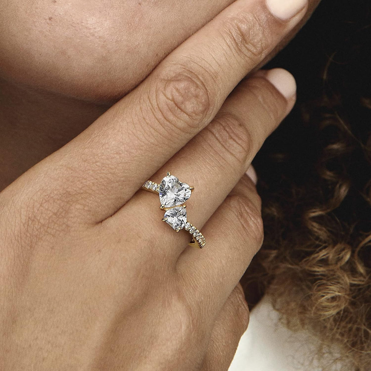Sparkle in Style with the Pandora Double Heart Shimmering Ring for Women in Gold - Model 161198C01