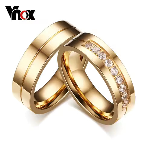 Bague de mariage en acier inoxydable doré pour couple - Bijou de promesse avec zirconium