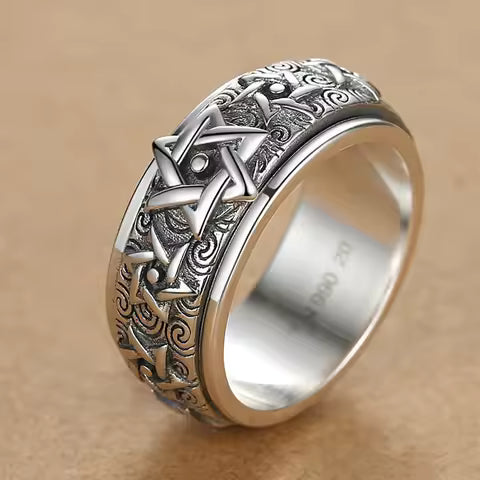 Bague Argent Homme Rétro Étoile à Six Branches Large