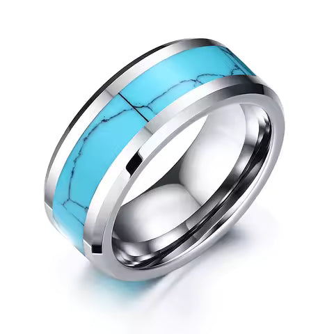 Bague Alliance en Carbure de Tungstène 8mm avec Turquoise Bleue Naturelle - Unisexe