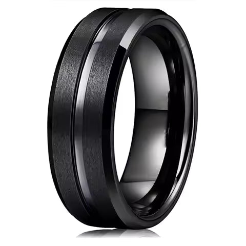 Bague de mariage homme 8mm en tungstène noir, bord biseauté et rainure