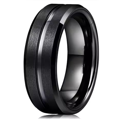Bague de mariage homme 8mm en tungstène noir, bord biseauté et rainure