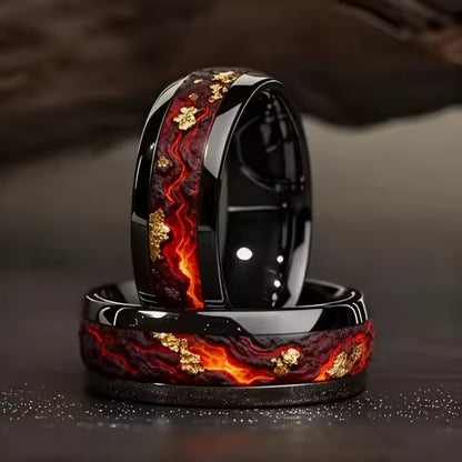 Bague Homme Acier Inoxydable Noir Lave Volcanique Feuille d'Or - Bijou Mariage Tendance