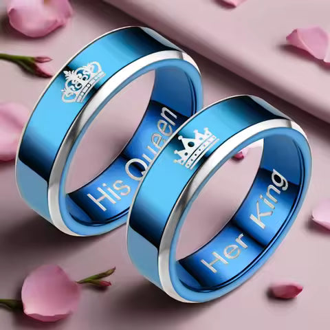 Bagues de couple 'Her King' & 'His Queen' en acier inoxydable - Cadeau romantique pour amoureux