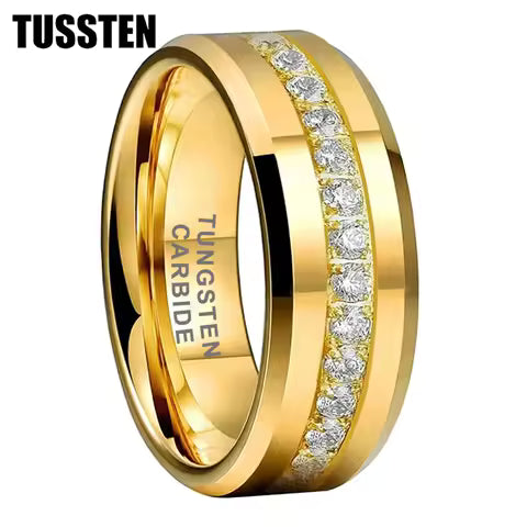 Bague TUSSTEN en Tungstène Noir 8mm pour Homme et Femme, Alliance Éternité avec Pierre CZ et Bords Biseautés