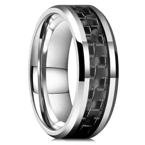 Bague Homme Acier Inoxydable Argent & Fibre de Carbone Noire - Bijou Mariage & Cadeau Mode