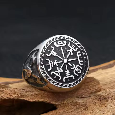 Bague Homme Acier Inoxydable Style Viking Compas & Runes Nordiques