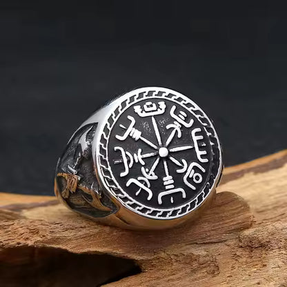 Bague Homme Acier Inoxydable Style Viking Compas & Runes Nordiques