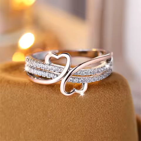 Bague Double Cœur Or Rose & Argenté - Bijou Femme Fiancailles Mariage