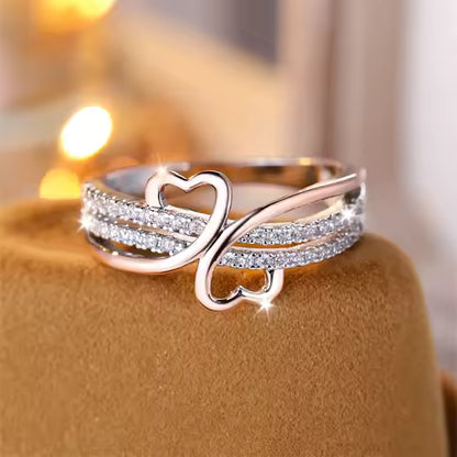 Bague Double Cœur Or Rose & Argenté - Bijou Femme Fiancailles Mariage