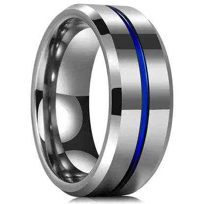 Bague Homme Acier Inoxydable Argent Brossé avec Rainure Bleue 8mm - Bijou Mariage