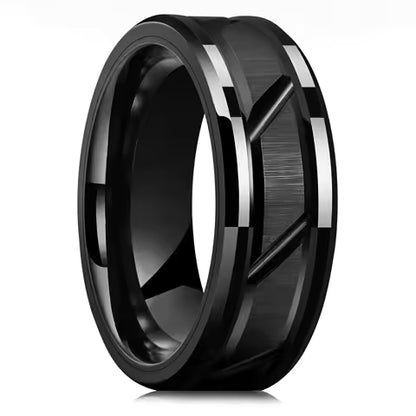 Bague Titane Noir Motif Brique pour Homme et Femme - Anneau Acier Inoxydable Bords Biseautés