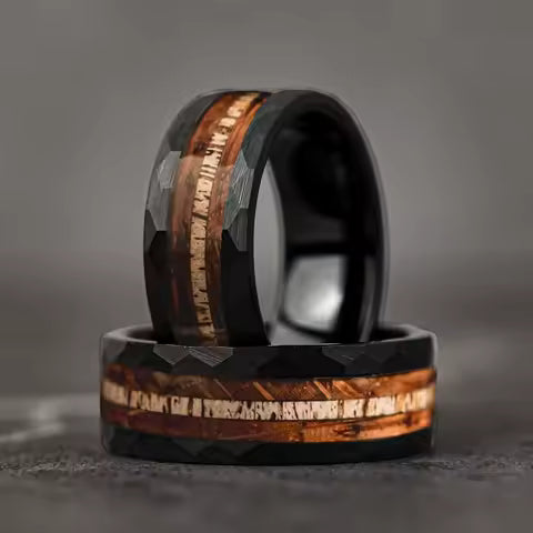 Bague Homme Acier Inoxydable 8mm - Design Bois de Cerf Noir Brossé & Koa - Bijou Mariage Tendance