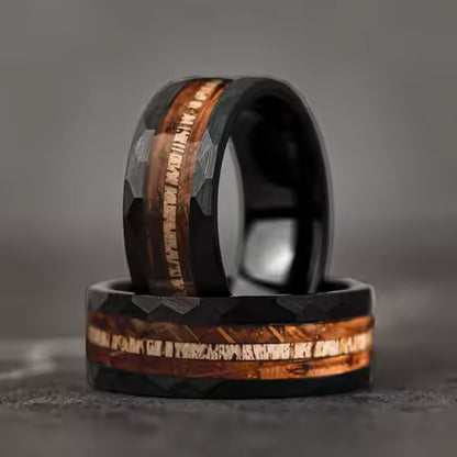 Bague Homme Acier Inoxydable 8mm - Design Bois de Cerf Noir Brossé & Koa - Bijou Mariage Tendance