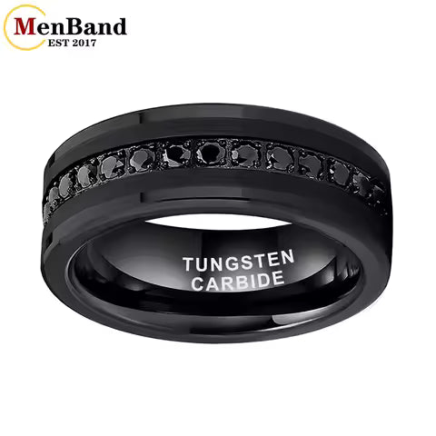 Bague Homme Femme en Tungstène Noir CZ - 8mm, Alliance Mariage Fiançailles Confortable
