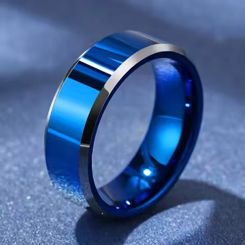 Bague de mariage homme acier inoxydable 8mm bleu brossé - Cadeau fiançailles couple