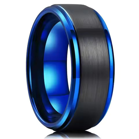 Bague Titane Noir Brossé 8mm avec Bord Bleu - Style Moderne pour Homme et Femme