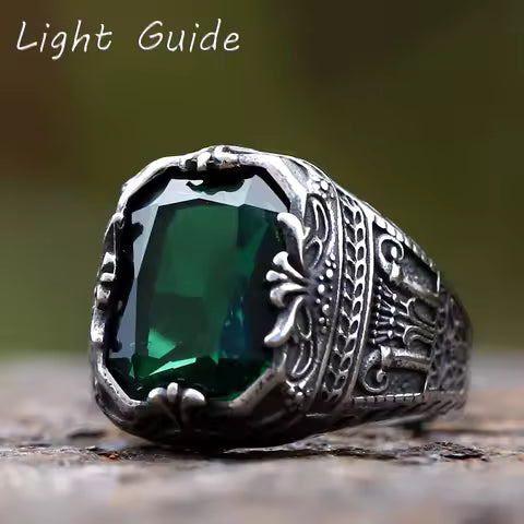 Bague Couronne Homme Acier Inoxydable Zircon Vert Géométrique - Bijou Luxe Anniversaire Mariage