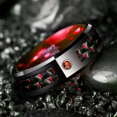 Bague de mariage homme 8mm en titane noir, zirconium rouge et fibre de carbone