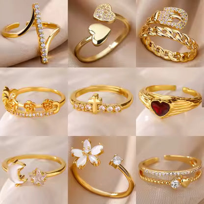 Bague Cœur & Fleur Plaqué Or 18K Acier Inoxydable - Bijou Femme Anti-ternissement