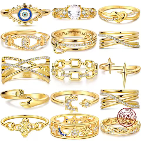 Bague Argent 925 Doré Femme Zircon Infini Étoile Lune - Bijou Cadeau Original