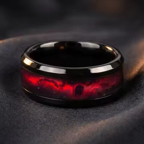 Bague de mariage unisexe en acier inoxydable noir, motif planète rouge