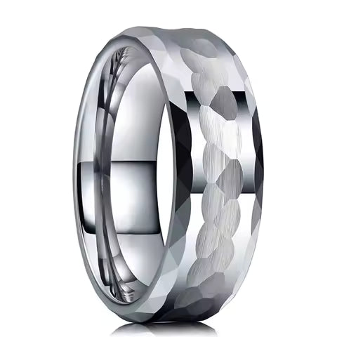 Bague Acier Inoxydable Argenté 8mm - Design Martelé & Multi-facettes pour Homme & Femme