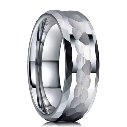 Bague Acier Inoxydable Argenté 8mm - Design Martelé & Multi-facettes pour Homme & Femme