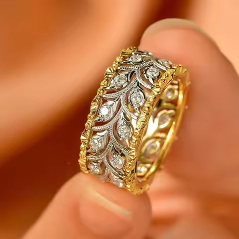 Bague Feuille Ajoutée Bicolore Scintillante pour Femme - Bijou de Mariage et Fiançailles