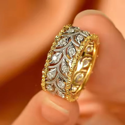 Bague Feuille Ajoutée Bicolore Scintillante pour Femme - Bijou de Mariage et Fiançailles