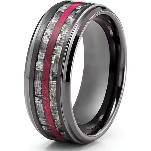 Bague Acier Inoxydable Noir 8mm avec Incrustation Fibre de Carbone - Bijou Homme & Femme pour Mariage ou Cadeau