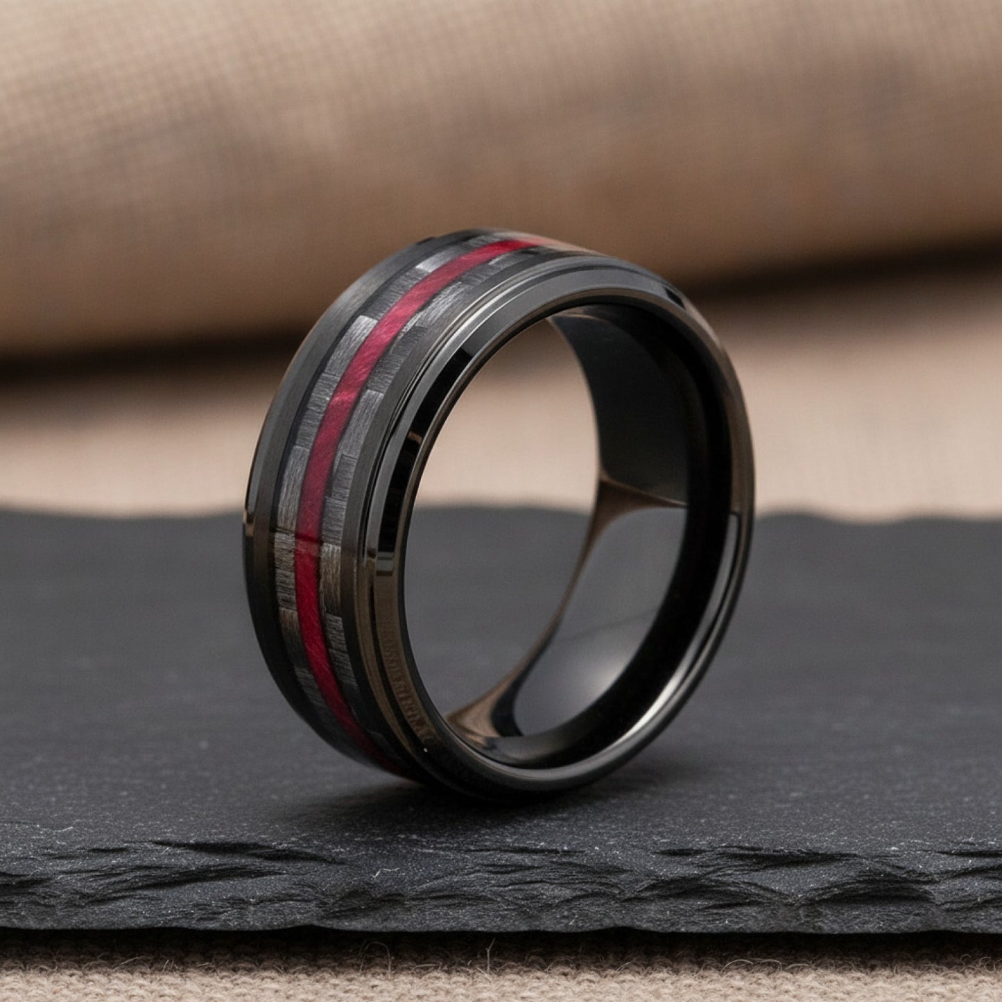 Bague Acier Inoxydable Noir 8mm avec Incrustation Fibre de Carbone - Bijou Homme & Femme pour Mariage ou Cadeau