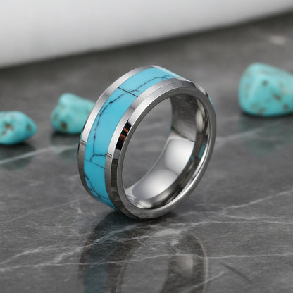 Bague Alliance en Carbure de Tungstène 8mm avec Turquoise Bleue Naturelle - Unisexe