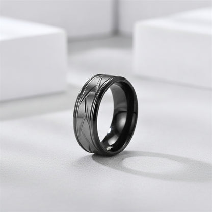 Bague Acier Inoxydable Noir Argenté - Design Rainuré Multi-facettes pour Homme et Femme