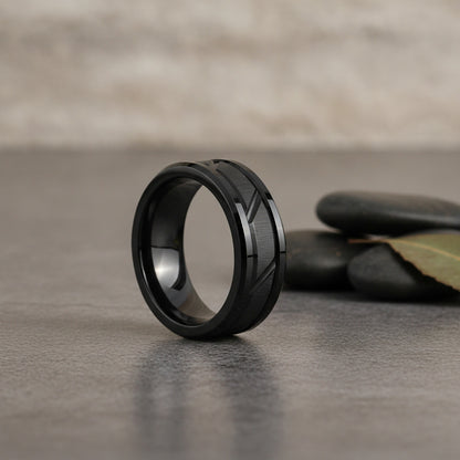 Bague Titane Noir Motif Brique pour Homme et Femme - Anneau Acier Inoxydable Bords Biseautés