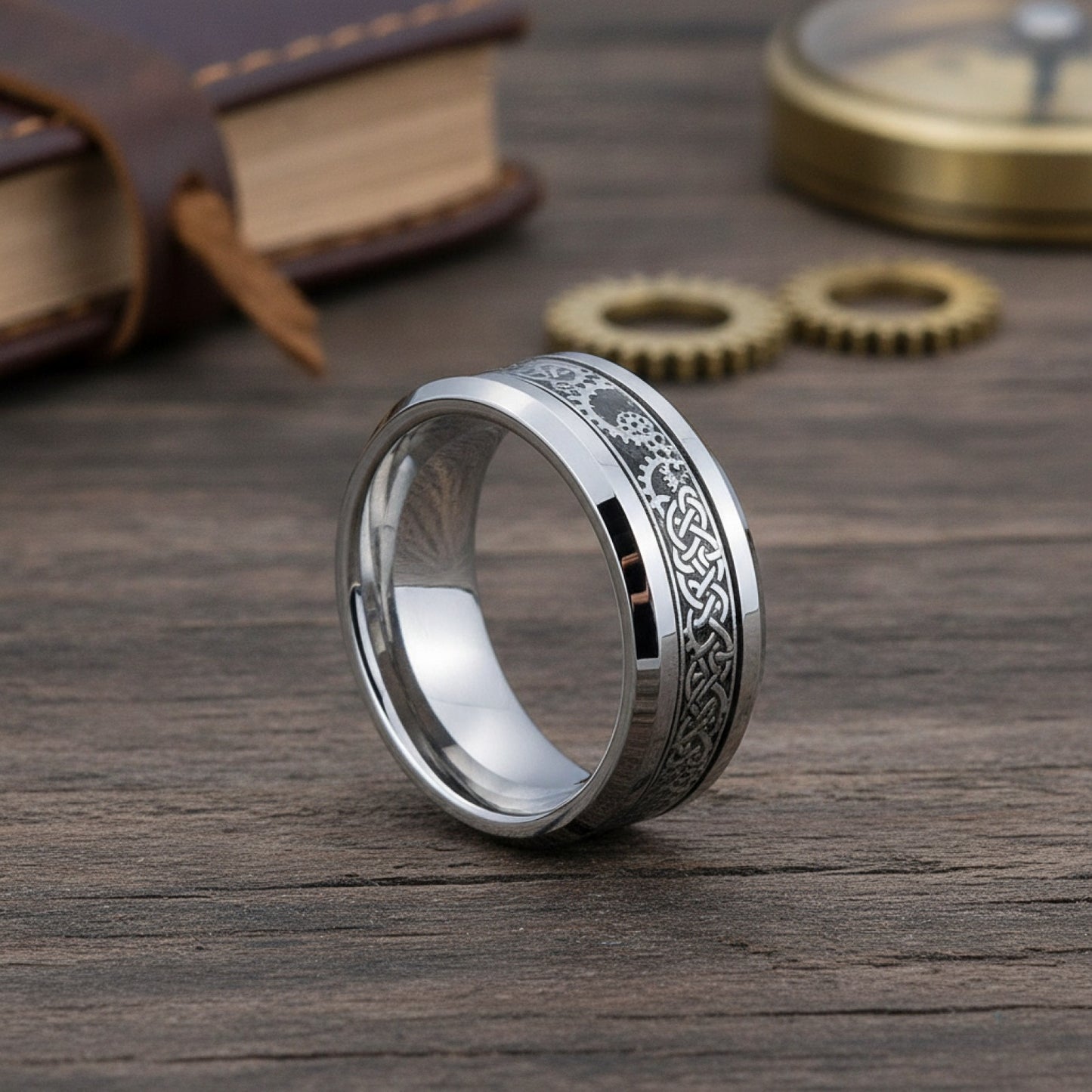 Bague Steampunk Vintage Acier Inoxydable Celtique Dragon Fibre Carbone Homme
