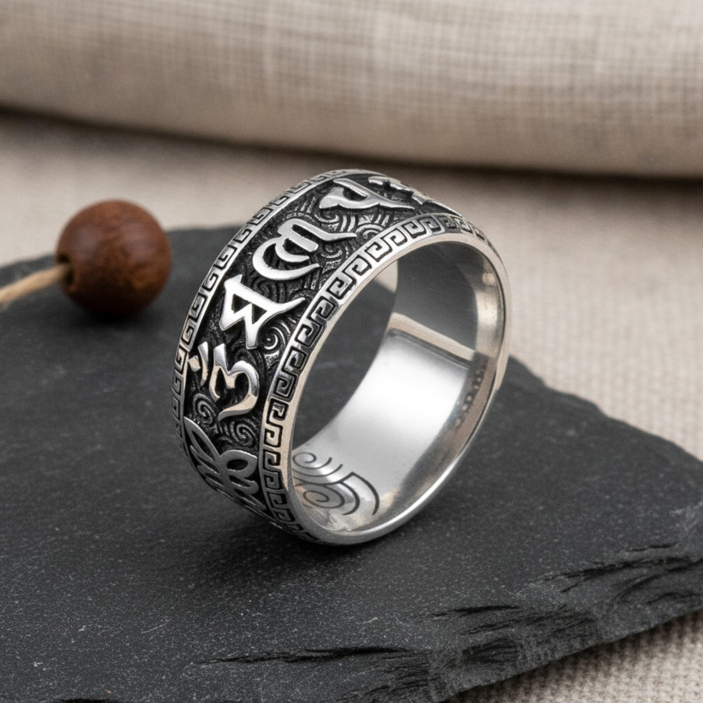 Bague Argent 925 Homme Réglable - Style Rétro Bouddhiste Om Mani Padme Hum