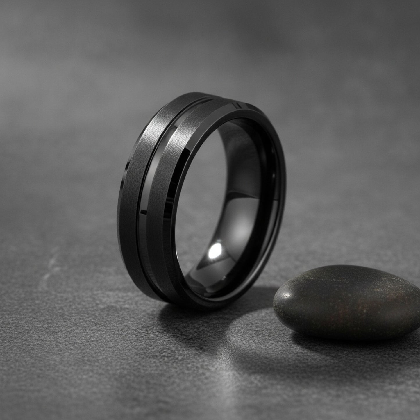Bague de mariage homme 8mm en tungstène noir, bord biseauté et rainure