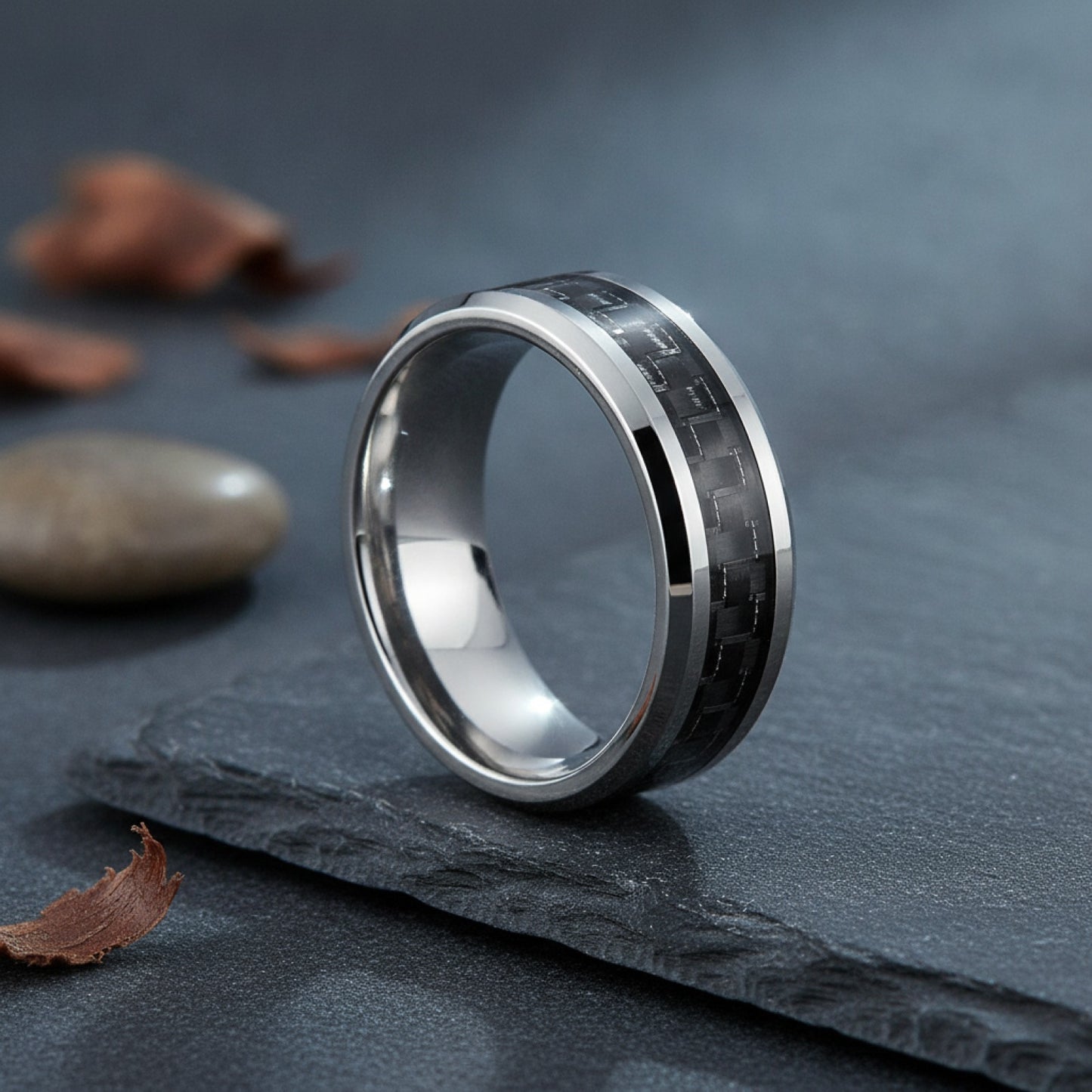 Bague Homme Acier Inoxydable Argent & Fibre de Carbone Noire - Bijou Mariage & Cadeau Mode