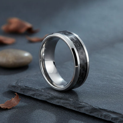 Bague Homme Acier Inoxydable Argent & Fibre de Carbone Noire - Bijou Mariage & Cadeau Mode