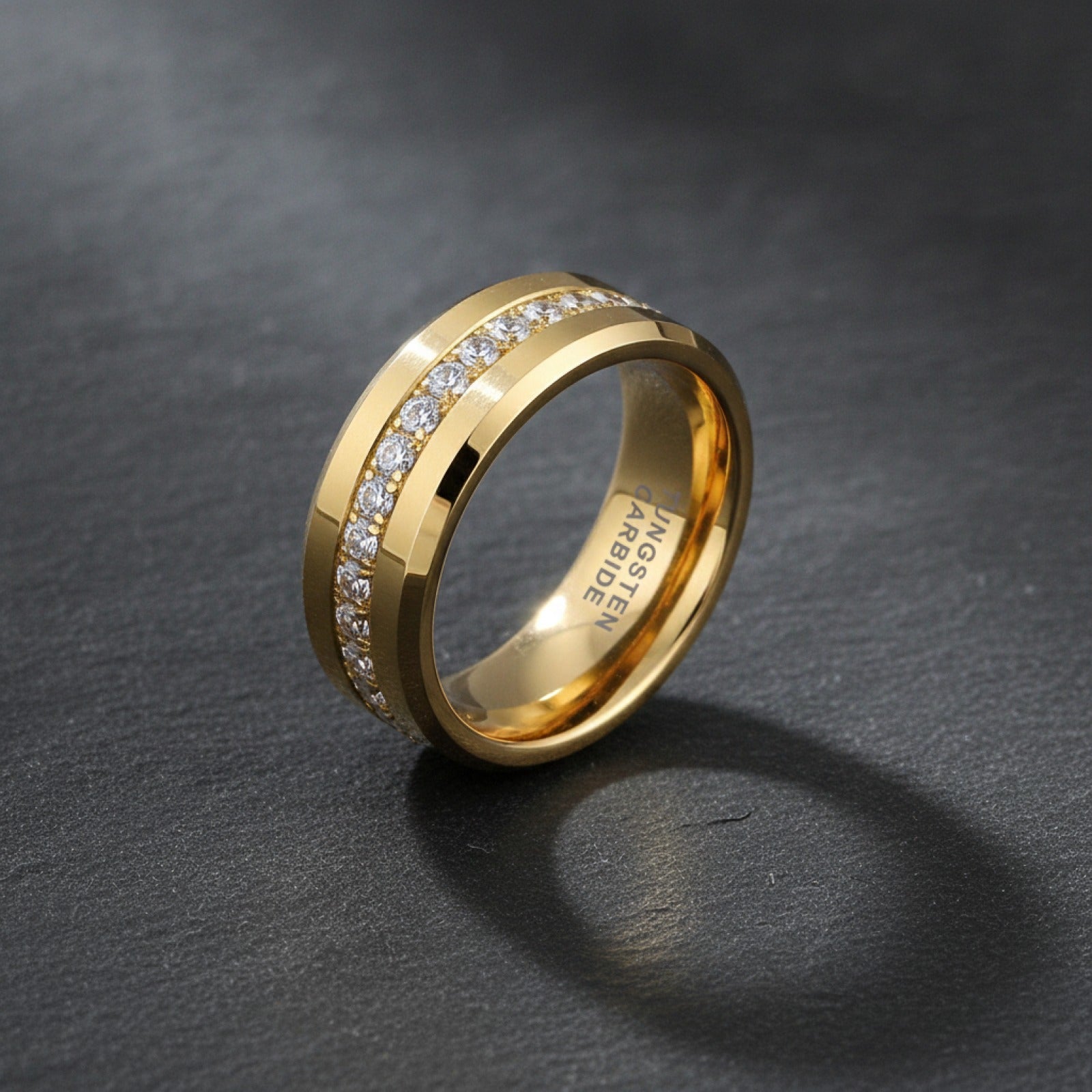 Bague TUSSTEN en Tungstène Noir 8mm pour Homme et Femme, Alliance Éternité avec Pierre CZ et Bords Biseautés
