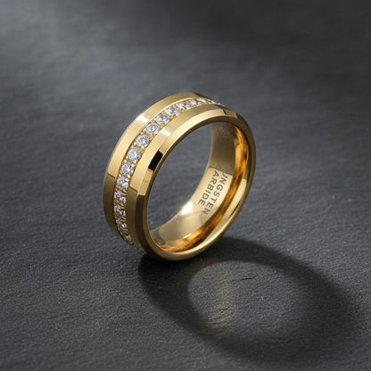 Bague TUSSTEN en Tungstène Noir 8mm pour Homme et Femme, Alliance Éternité avec Pierre CZ et Bords Biseautés