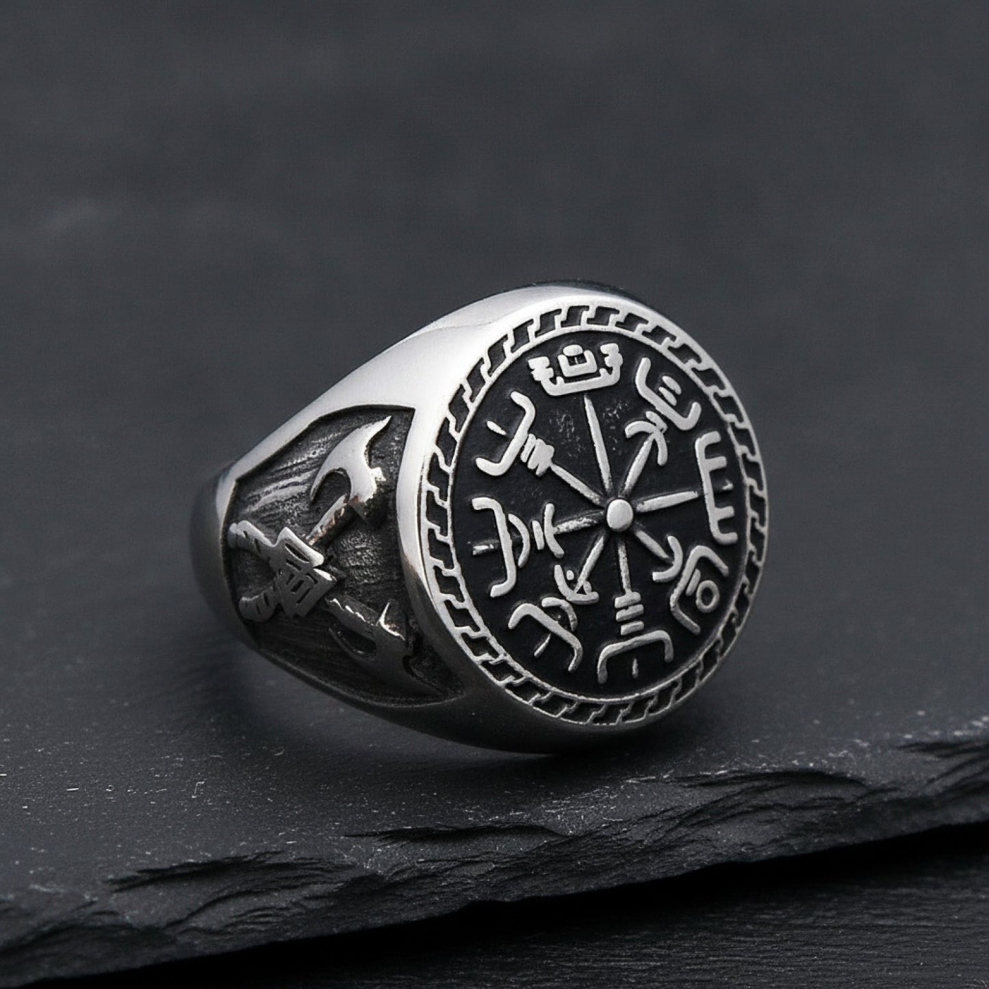Bague Homme Acier Inoxydable Style Viking Compas & Runes Nordiques