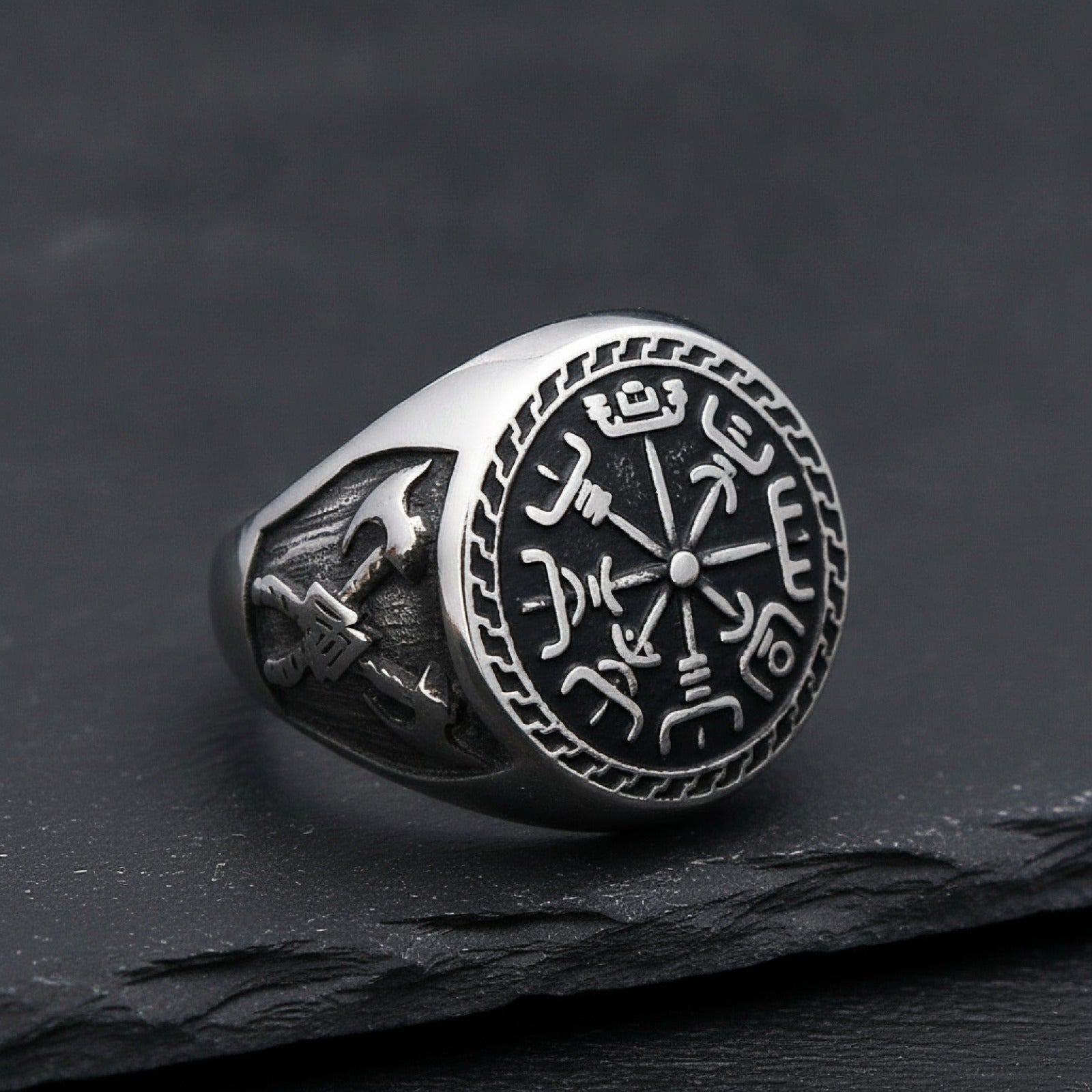 Bague Homme Acier Inoxydable Style Viking Compas & Runes Nordiques