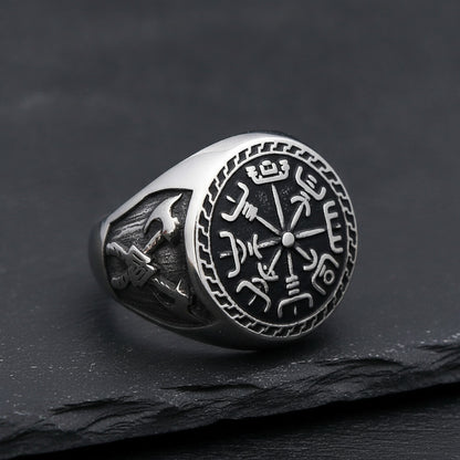 Bague Homme Acier Inoxydable Style Viking Compas & Runes Nordiques